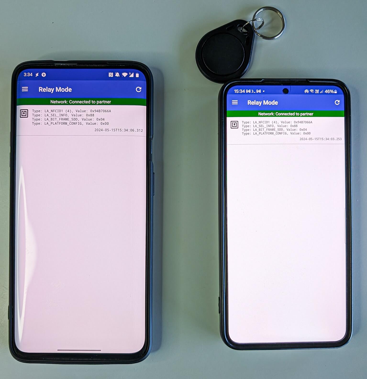 Figure 7. Android smartphone (right) that read and relayed an external NFC token’s UID to another device (left)