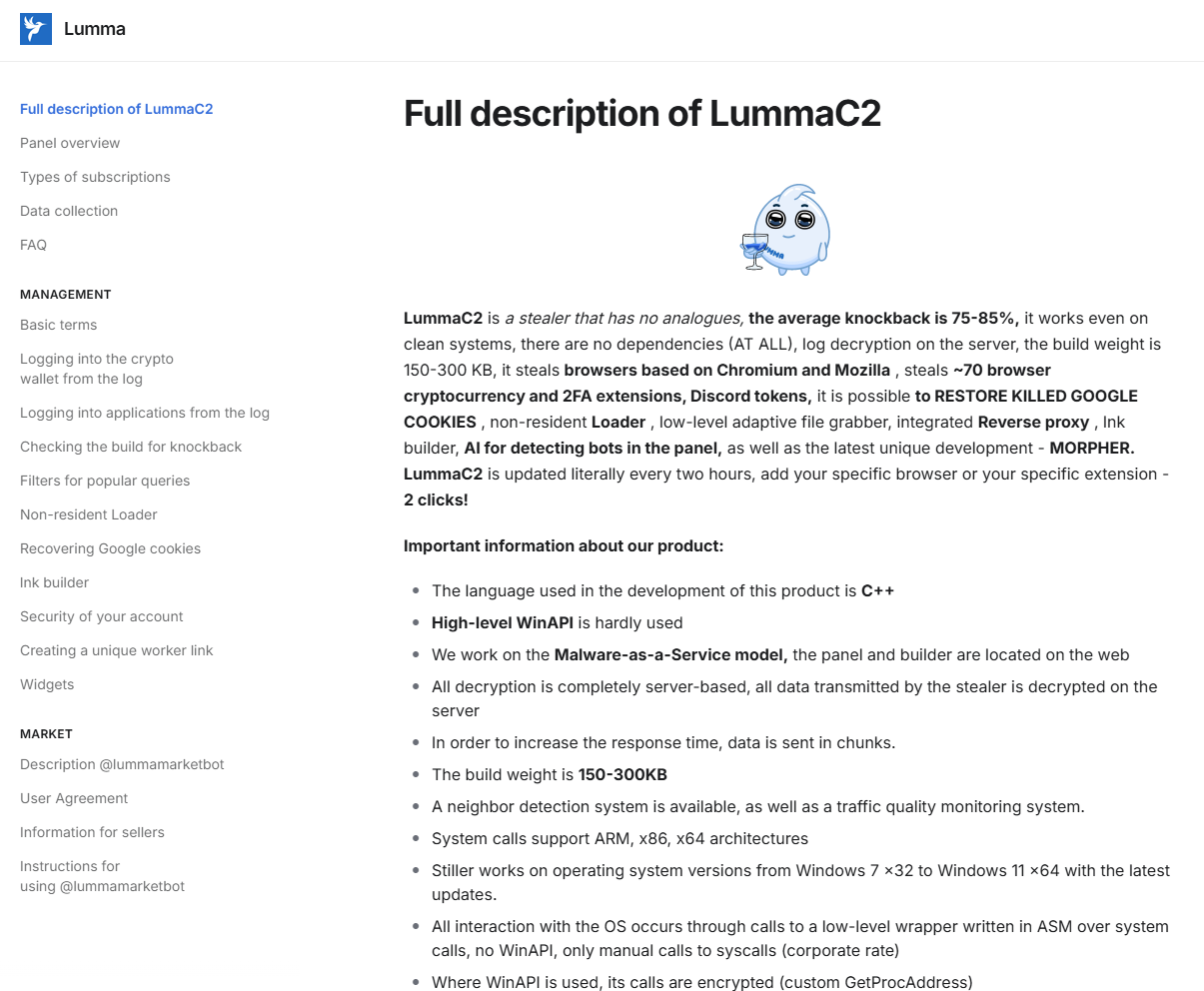 Figure 3. The official Lumma Stealer documentation – machine translated from Russian to English (May 12th, 2025) Figure 3. The official LummaStealer documentation – machine translated from Russian to English