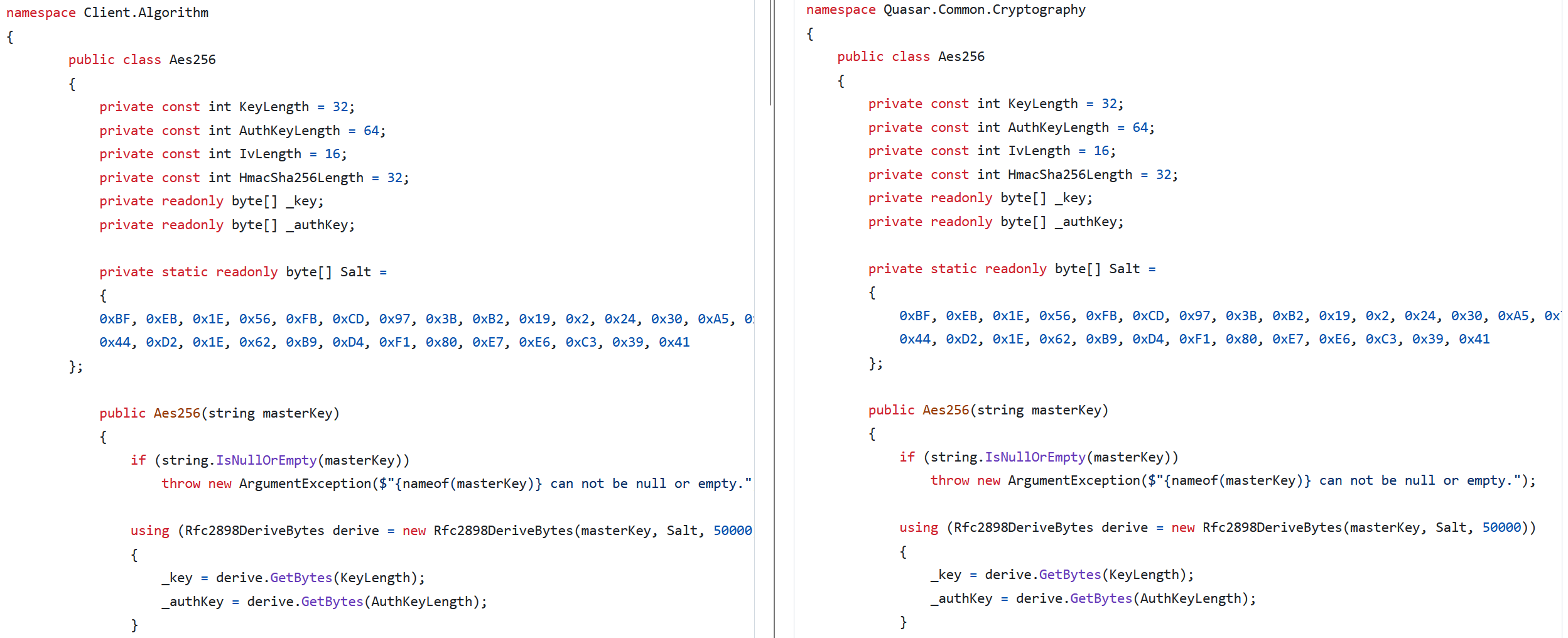 Figure 1. Comparison of cryptography classes between AsyncRAT (left) and Quasar (right) Figure 1. Comparison of cryptography classes between AsyncRAT (left) and Quasar (right)