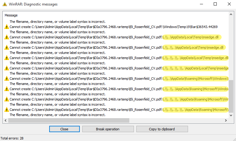 Figure 3. Displayed WinRAR errors when unpacking Eli_Rosenfeld_CV2 - Copy (10).rar; scrolled down and highlighted Figure 3. Displayed WinRAR errors when unpacking Eli_Rosenfeld_CV2 - Copy (10).rar; scr