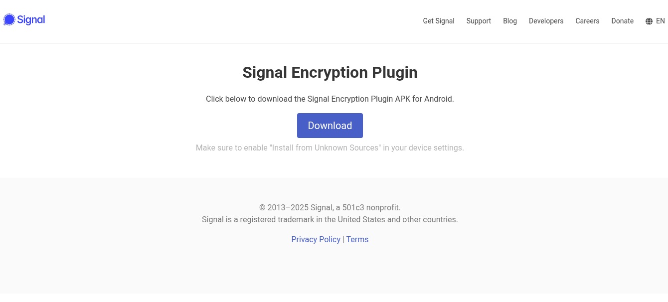 Figure 1. Website distributing distributing fake Signal Encryption Plugin app Figure 1. Website distributing distributing fake Signal Encryption Plugin app