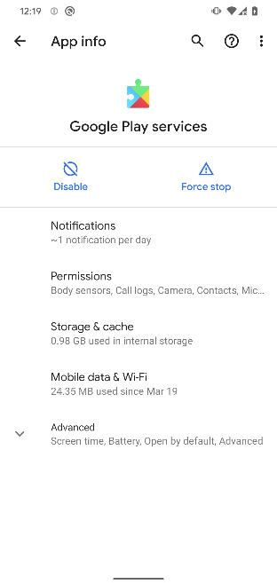 Figure 8. App info screen of a legitimate Google Play services app