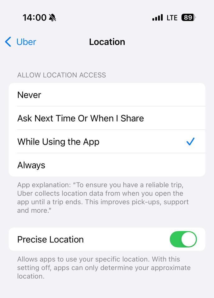 Figure 2. iOS location settings