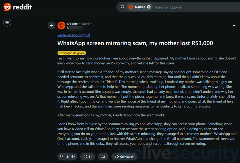 Screen sharing scam report from Brazil (source: Reddit) whatsapp-compatir-pantalla-scam