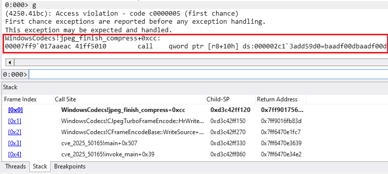 Figure 5. The re-encoding example application crashes