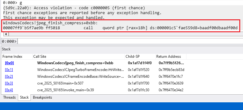 Figure 6. The re-encoding example application crashes during the compression routine