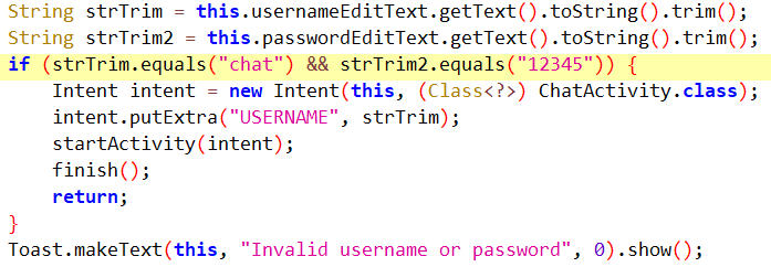 Figure 4. Hardcoded credentials in the app&rsquo;s code (username chat password 12345)
