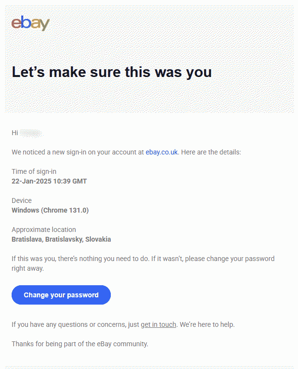 Example of an eBay login alert Example of an eBay login alert