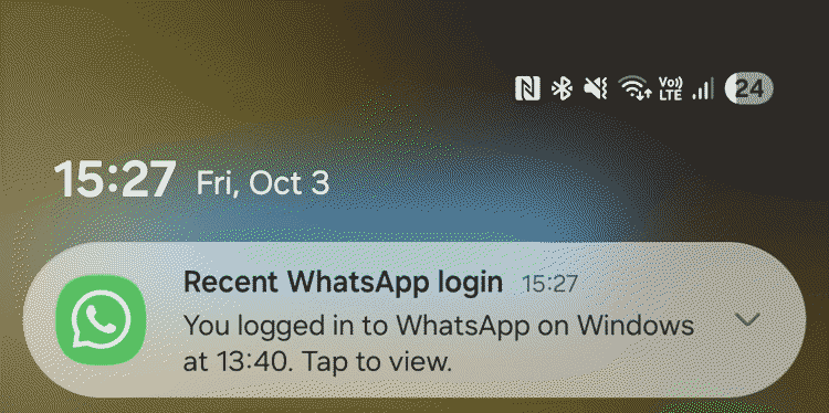 WhatsApp alert informing the user that their account had been linked to another device (source: ESET research) WhatsApp alert informing the user that their account had been linked to another device (source: ESET research)