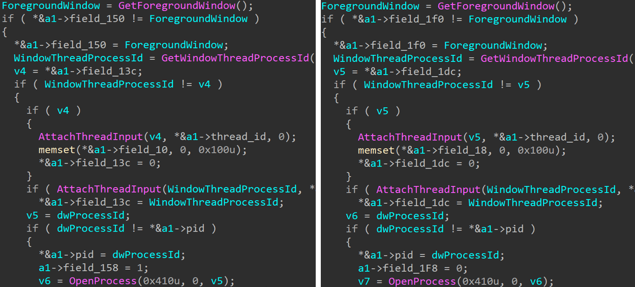 Figure 3. Logging foreground window in 2024 SlimAgent (left) and 2018 samples (right)