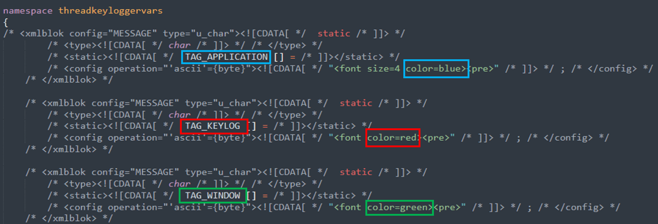 Figure 6. Xagent source code with definitions of the log colors (2015)