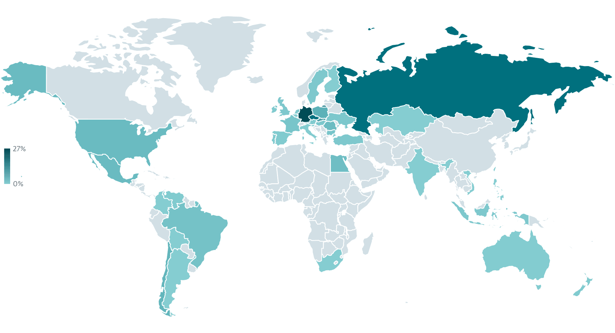 Geographical distribution of NGate attacks from January 2025 to February 2026 (Source : ESET).
