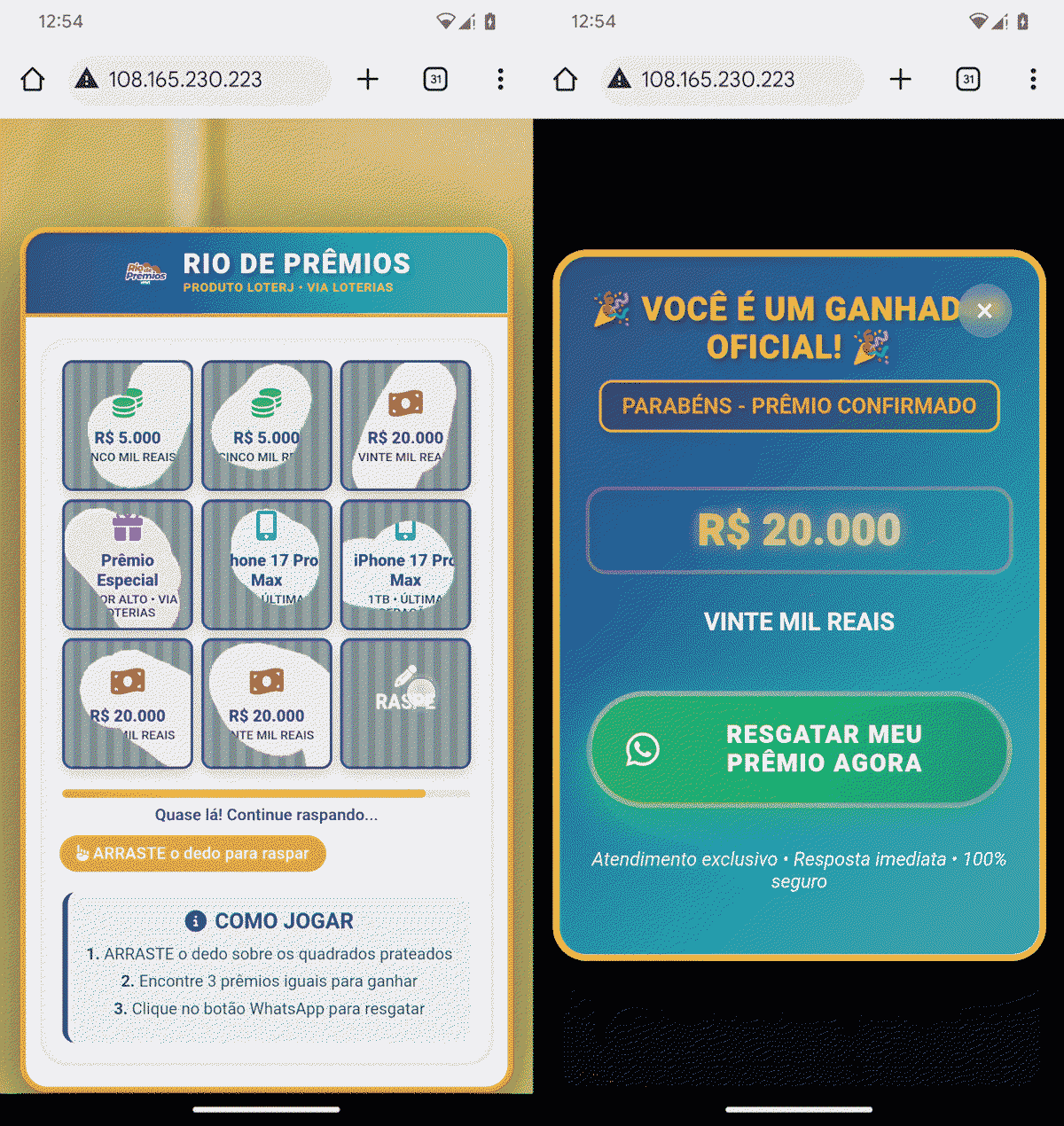 Scratching symbols always results in winning R$20,000 (left), with the victim being invited to launch WhatsApp via a button saying “Redeem my prize now” (Source : ESET).