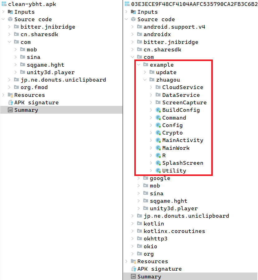 Figure 3. Package tree of the legitimate game (left) and its trojanized version (right)