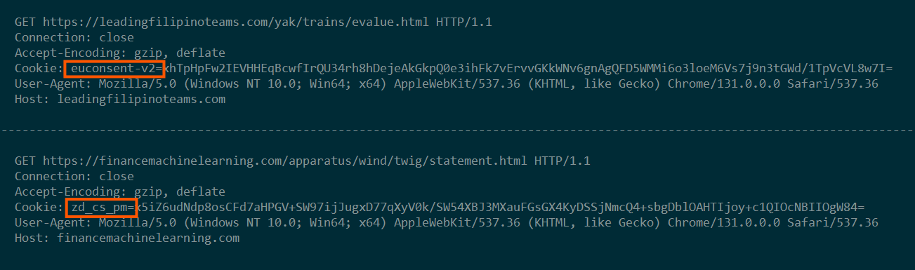 Figure 4. Comparison of HTTP Cookie headers in two SPECTRALVIPER beacon requests