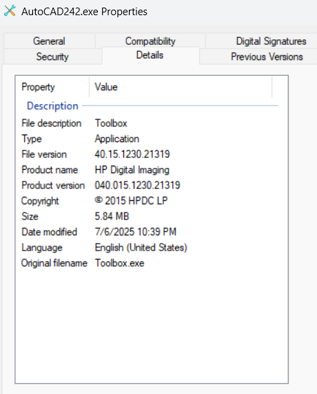 Figure 7. File information of the side-loader host
