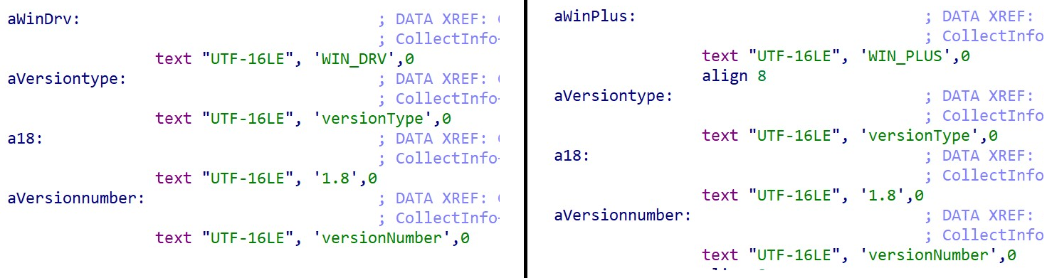 Figure 2. Version type and number hardcoded in WIN_DRV and WIN_PLUS