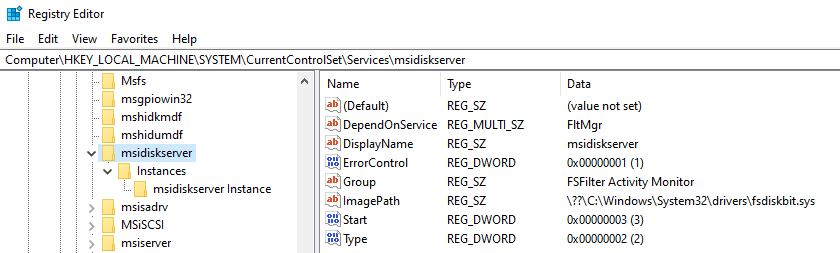 Figure 6. Service registry key created by the SprySOCKS WIN_DRV loader