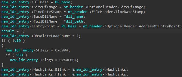 Figure 7. SparroWocky forges an LDR_DATA_TABLE_ENTRY structure