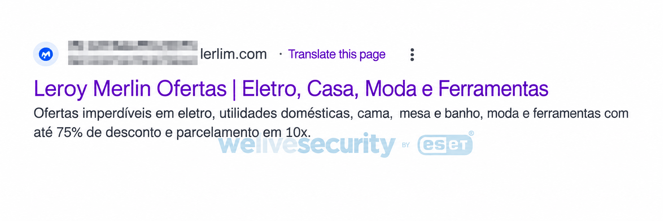 P&aacute;gina falsa da Leroy Merlin encontrada em uma busca no Google