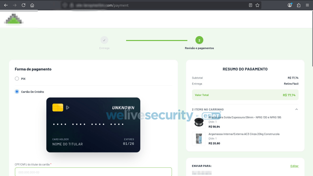 Formul&aacute;rio de pagamento com cart&atilde;o de cr&eacute;dito no site falso