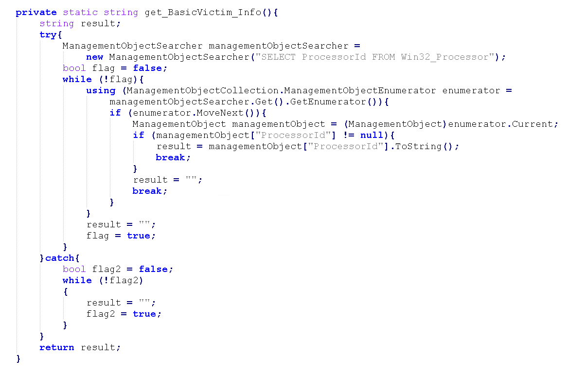 Figure 2. Decompiled logic of MATCHBOIL routine for obtaining victim&rsquo;s machine information